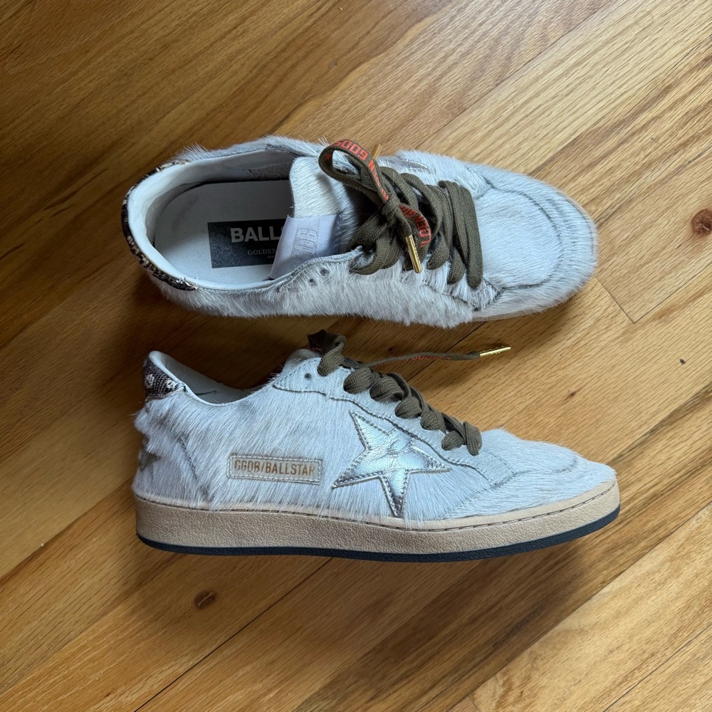 Golden Goose White Ponyhair Ball Star Sneakers with Olive Laces